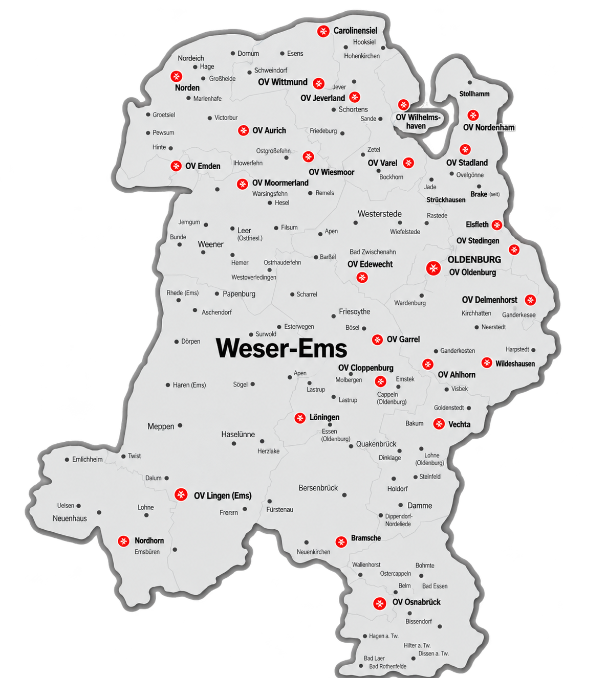 Karte der Ortsverbände im Regionalverband Weser-Ems